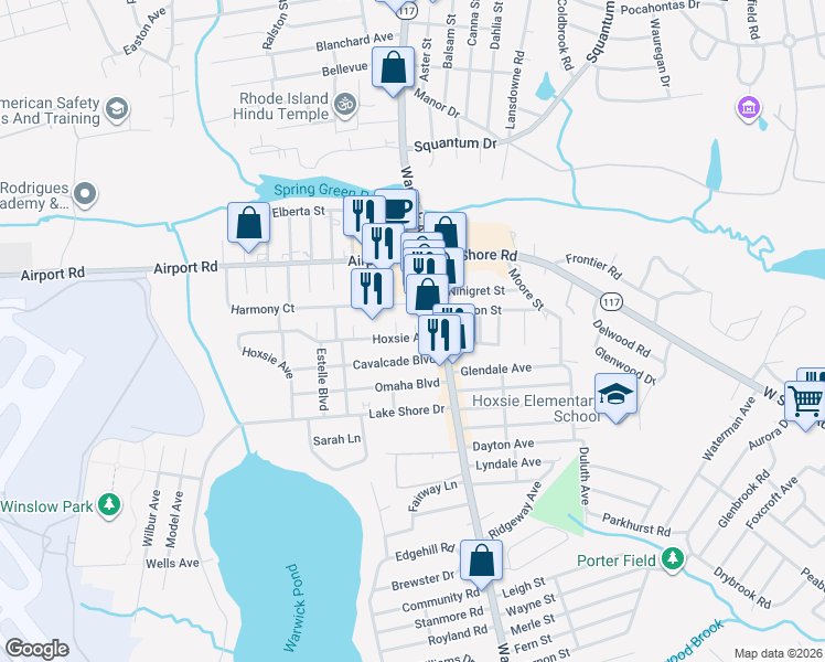 map of restaurants, bars, coffee shops, grocery stores, and more near 33 Hoxsie Avenue in Warwick
