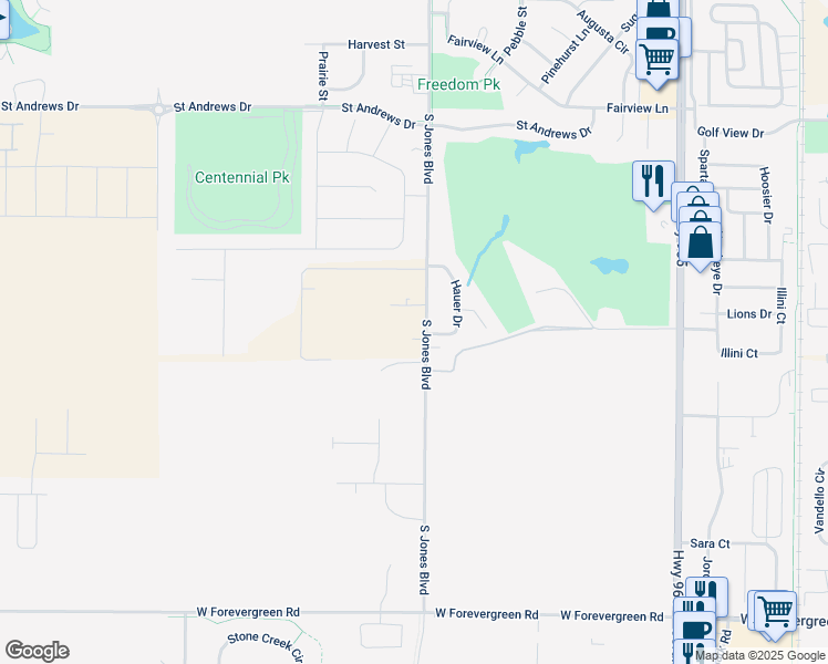 map of restaurants, bars, coffee shops, grocery stores, and more near 2785 South Jones Boulevard Northeast in North Liberty