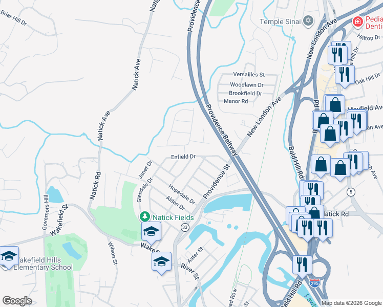 map of restaurants, bars, coffee shops, grocery stores, and more near 55 Enfield Drive in West Warwick