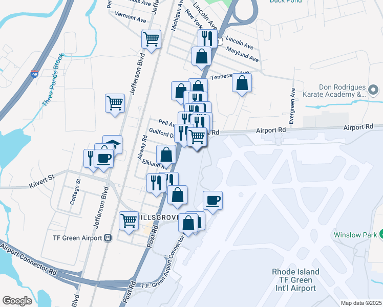 map of restaurants, bars, coffee shops, grocery stores, and more near 765 Commonwealth Avenue in Warwick