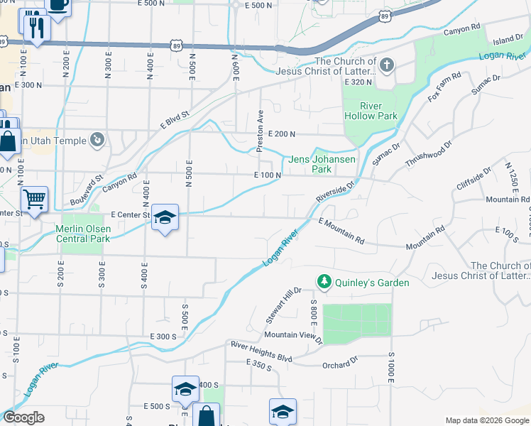 map of restaurants, bars, coffee shops, grocery stores, and more near 691 East Center Street in Logan