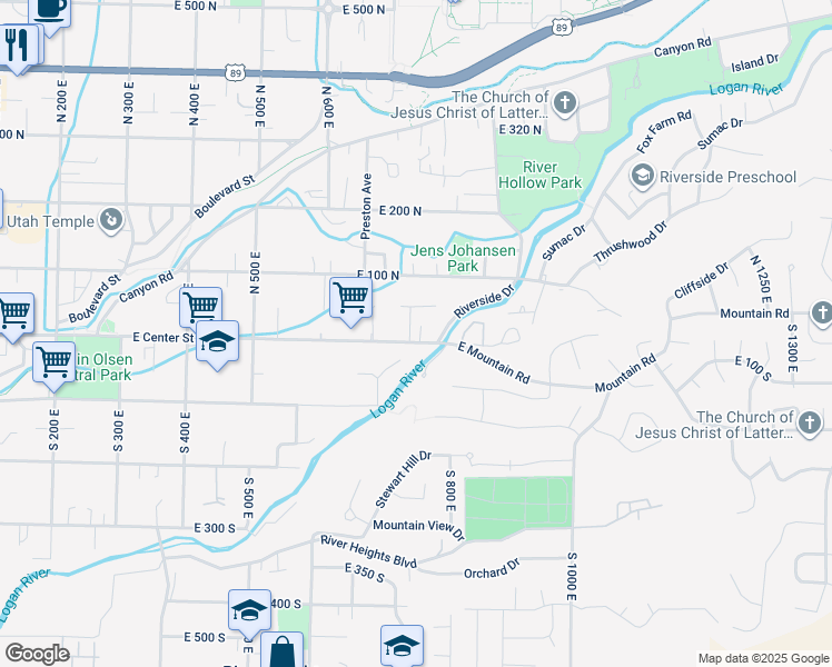 map of restaurants, bars, coffee shops, grocery stores, and more near 765 East Center Street in Logan