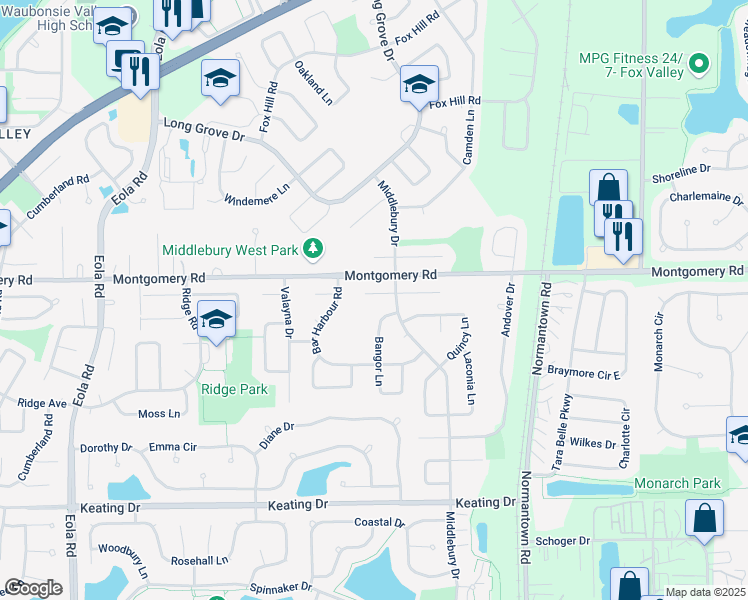map of restaurants, bars, coffee shops, grocery stores, and more near 2965 Middlebury Court West in Aurora