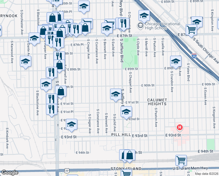 map of restaurants, bars, coffee shops, grocery stores, and more near 1911 East 90th Street in Chicago
