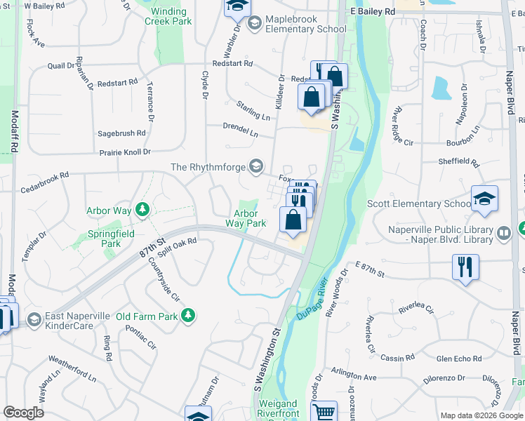 map of restaurants, bars, coffee shops, grocery stores, and more near 1935 Wisteria Court in Naperville