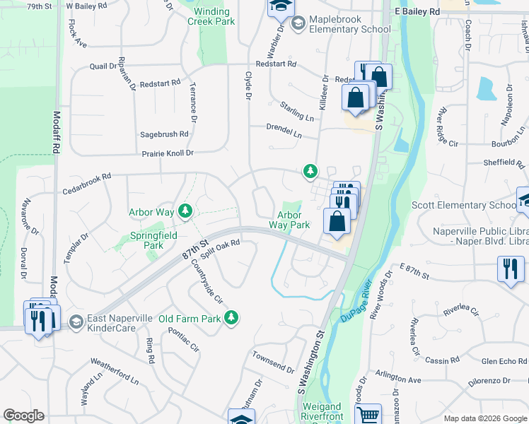 map of restaurants, bars, coffee shops, grocery stores, and more near 140 Rieser Circle in Naperville
