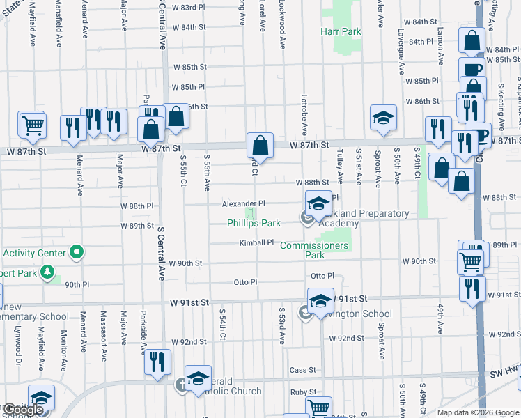 map of restaurants, bars, coffee shops, grocery stores, and more near 5329 Alexander Place in Oak Lawn