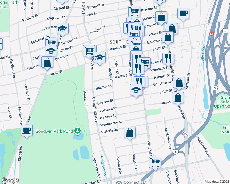 map of restaurants, bars, coffee shops, grocery stores, and more near 224 George Street in Hartford