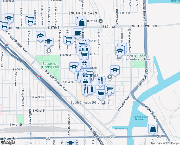 map of restaurants, bars, coffee shops, grocery stores, and more near 9010 South Houston Avenue in Chicago