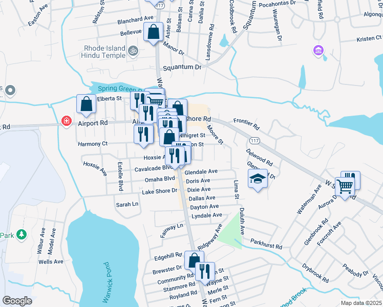 map of restaurants, bars, coffee shops, grocery stores, and more near 19 Catalpa Road in Warwick
