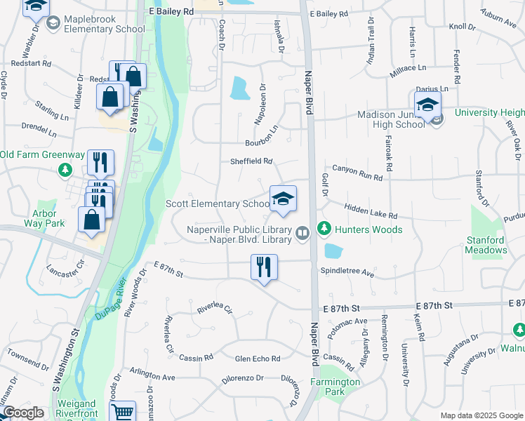 map of restaurants, bars, coffee shops, grocery stores, and more near 517 Warwick Drive in Naperville