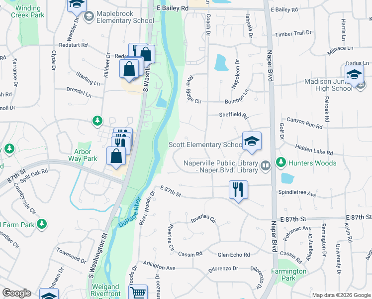 map of restaurants, bars, coffee shops, grocery stores, and more near 322 Carriage Hill Road in Naperville
