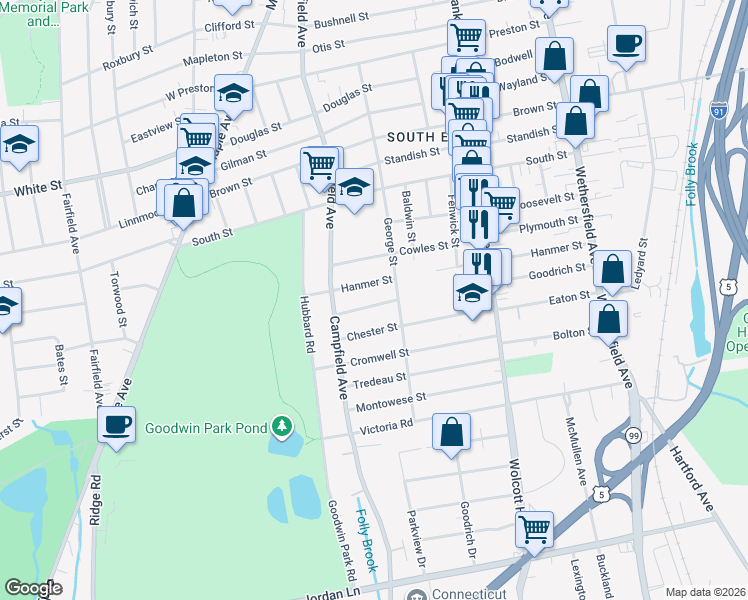 map of restaurants, bars, coffee shops, grocery stores, and more near 208 Goodrich Street in Hartford
