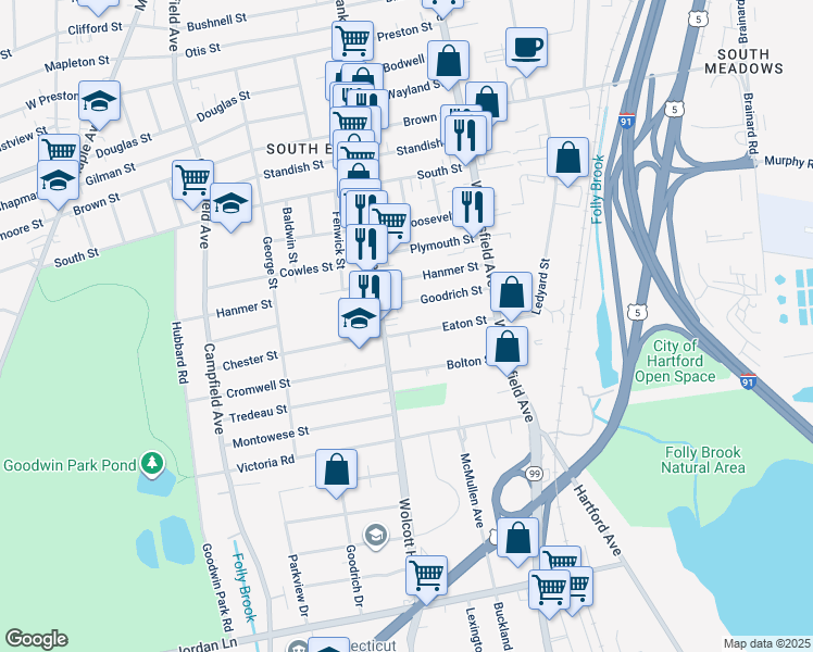 map of restaurants, bars, coffee shops, grocery stores, and more near 22 Eaton Street in Hartford