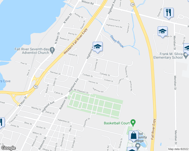 map of restaurants, bars, coffee shops, grocery stores, and more near 194 Corbett Street in Fall River