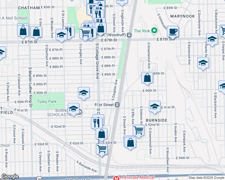 map of restaurants, bars, coffee shops, grocery stores, and more near 838 East 90th Street in Chicago