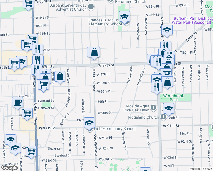 map of restaurants, bars, coffee shops, grocery stores, and more near 6709 West 88th Street in Oak Lawn