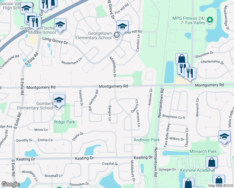 map of restaurants, bars, coffee shops, grocery stores, and more near 3001 Middlebury Court East in Aurora