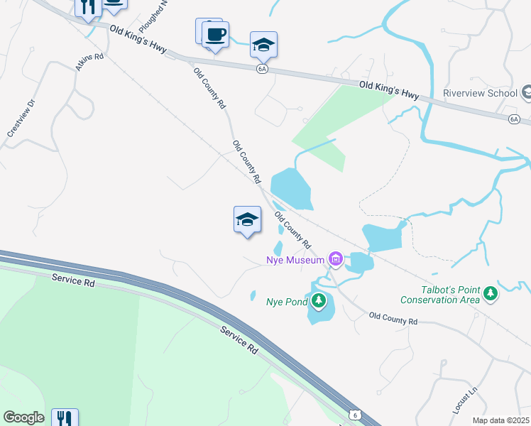 map of restaurants, bars, coffee shops, grocery stores, and more near 54 Old County Road in Sandwich