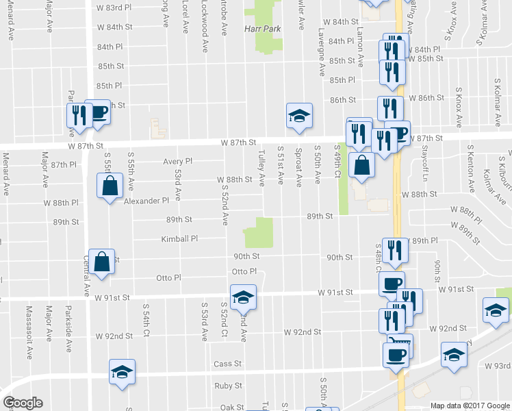 map of restaurants, bars, coffee shops, grocery stores, and more near 5156 Alexander Place in Oak Lawn
