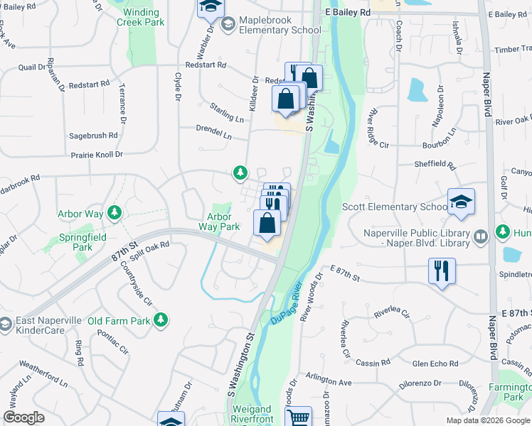 map of restaurants, bars, coffee shops, grocery stores, and more near 1945 Town Drive in Naperville