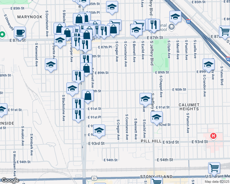 map of restaurants, bars, coffee shops, grocery stores, and more near 9000 South Cregier Avenue in Chicago
