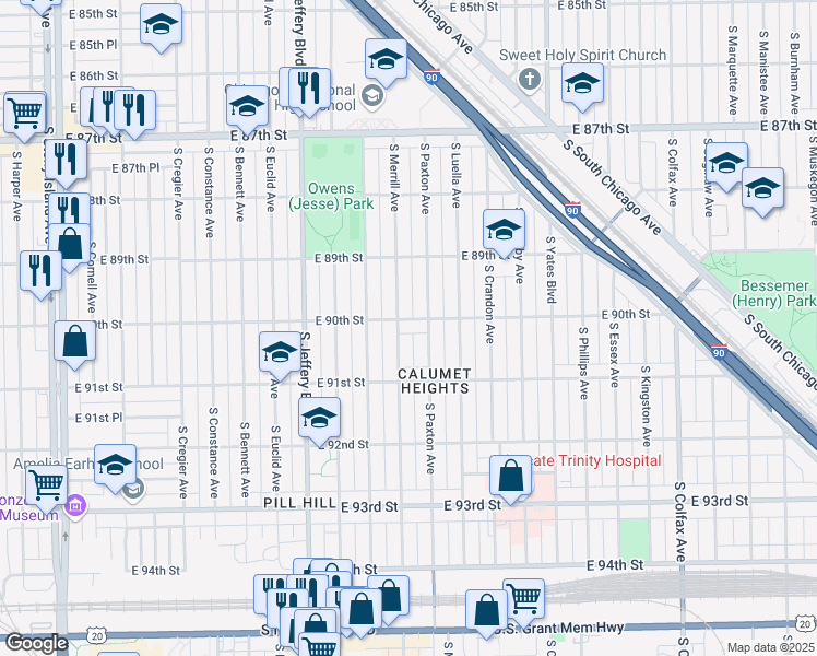 map of restaurants, bars, coffee shops, grocery stores, and more near 2141 East 90th Street in Chicago