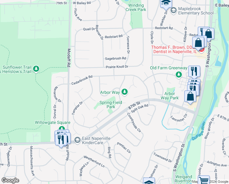 map of restaurants, bars, coffee shops, grocery stores, and more near 230 Ridgefield Lane in Naperville