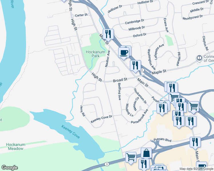 map of restaurants, bars, coffee shops, grocery stores, and more near 130 Naubuc Avenue in East Hartford