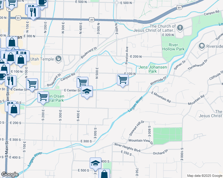 map of restaurants, bars, coffee shops, grocery stores, and more near 595 East Center Street in Logan