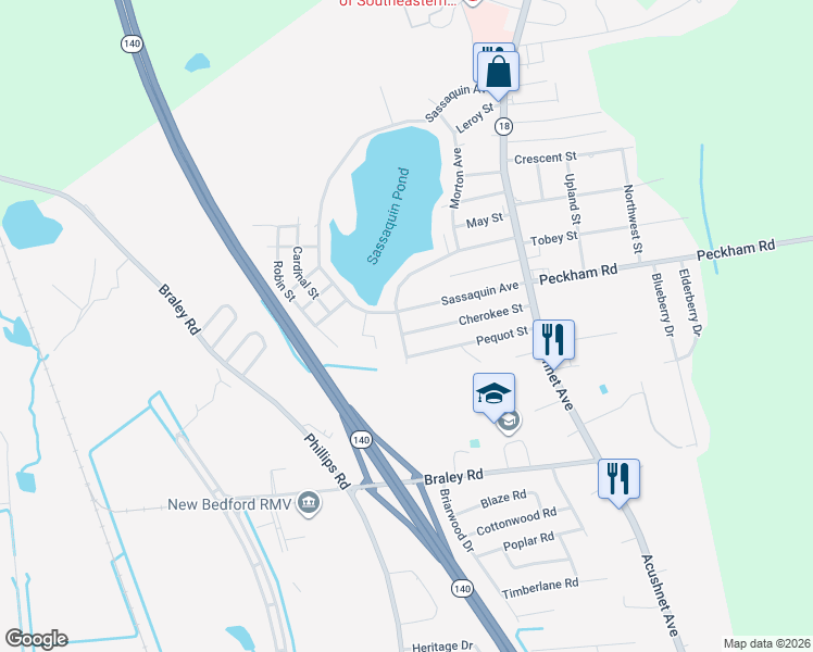 map of restaurants, bars, coffee shops, grocery stores, and more near 1146 Tobey Street in New Bedford