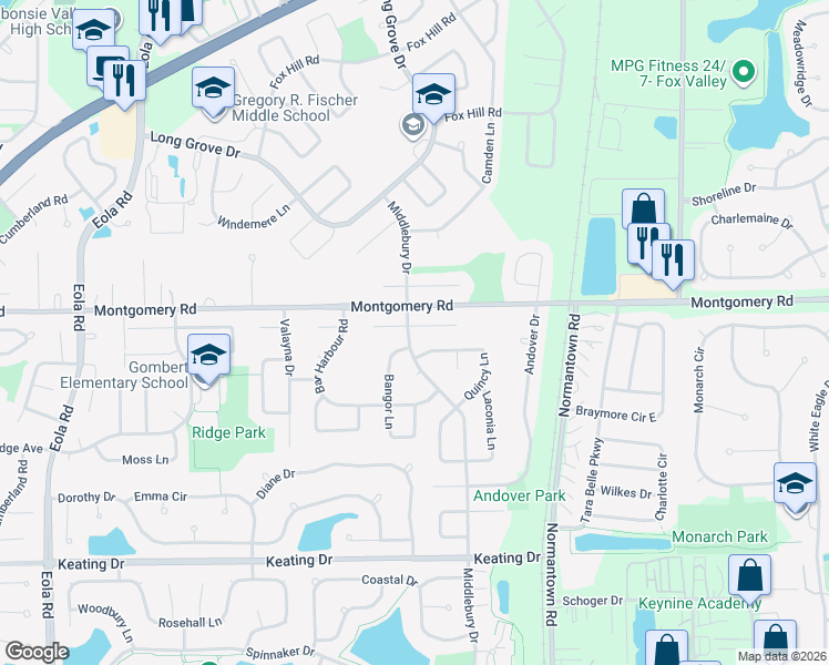 map of restaurants, bars, coffee shops, grocery stores, and more near 3001 Middlebury Court East in Aurora