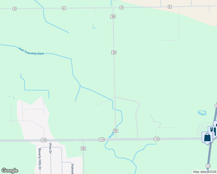 map of restaurants, bars, coffee shops, grocery stores, and more near 52595 County Road 39 in Middlebury
