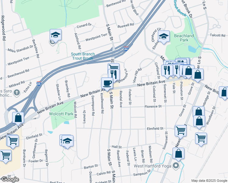 map of restaurants, bars, coffee shops, grocery stores, and more near 1237 New Britain Avenue in West Hartford