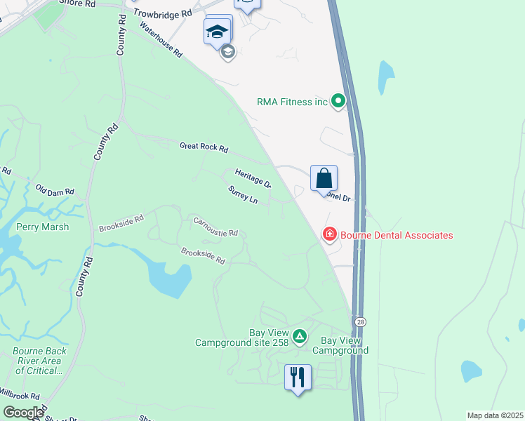 map of restaurants, bars, coffee shops, grocery stores, and more near 3 Surrey Lane in Bourne