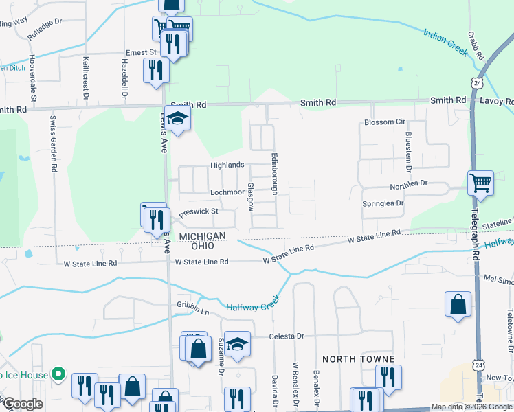 map of restaurants, bars, coffee shops, grocery stores, and more near 408 Midlands in Temperance