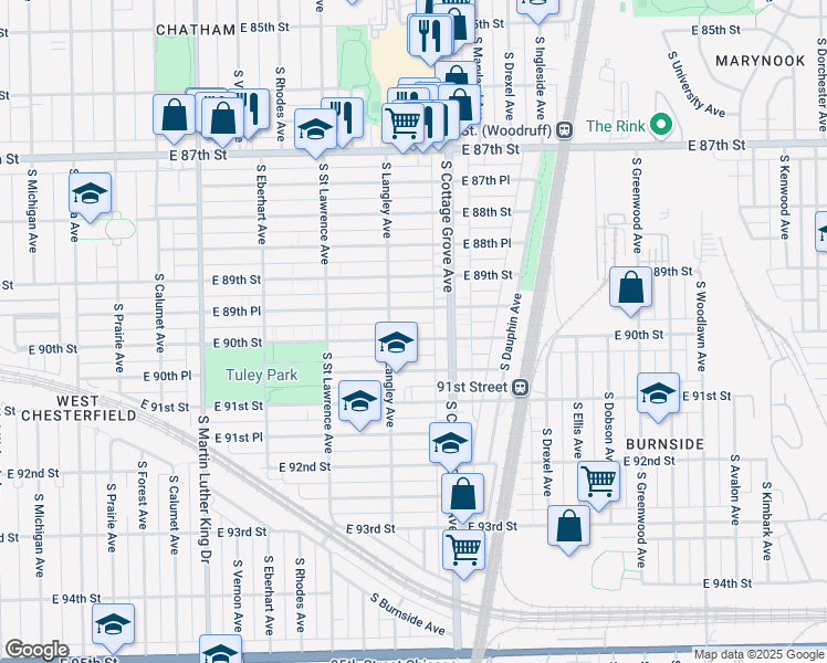 map of restaurants, bars, coffee shops, grocery stores, and more near 728 East 90th Street in Chicago