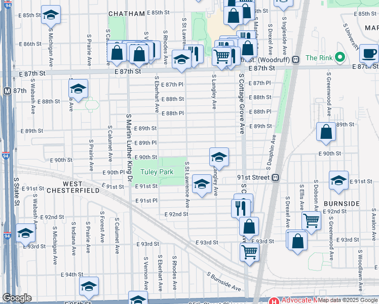 map of restaurants, bars, coffee shops, grocery stores, and more near 610 East 90th Street in Chicago