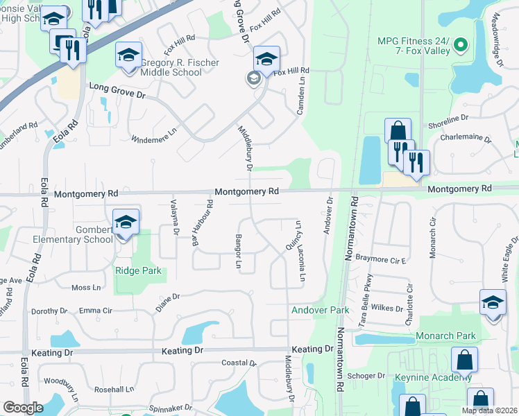 map of restaurants, bars, coffee shops, grocery stores, and more near 3001 Middlebury Court East in Aurora