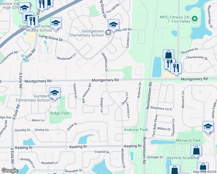 map of restaurants, bars, coffee shops, grocery stores, and more near 3001 Middlebury Court East in Aurora