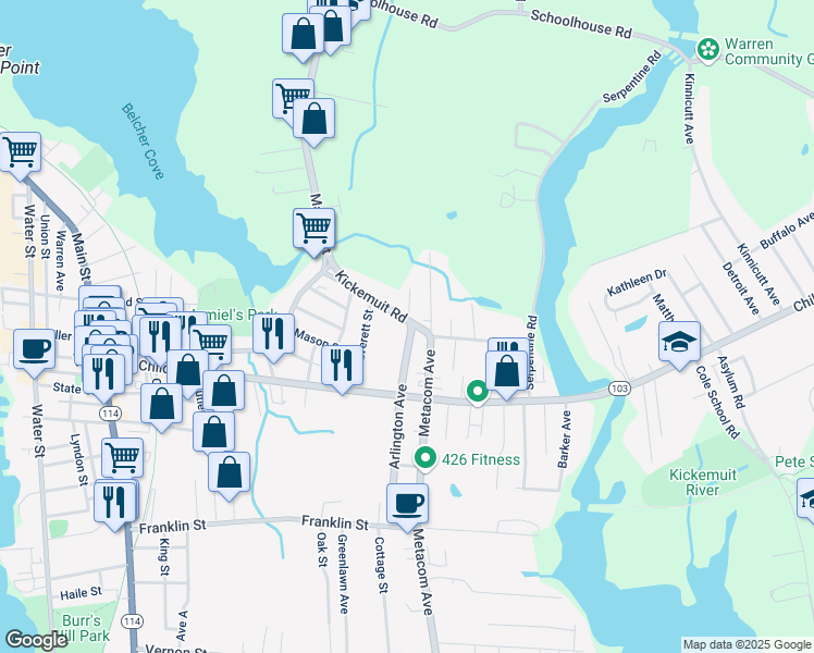 map of restaurants, bars, coffee shops, grocery stores, and more near 3 Rhode Island 136 in Warren