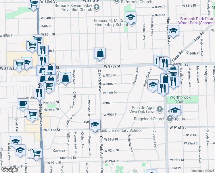 map of restaurants, bars, coffee shops, grocery stores, and more near 6755 West 88th Street in Oak Lawn