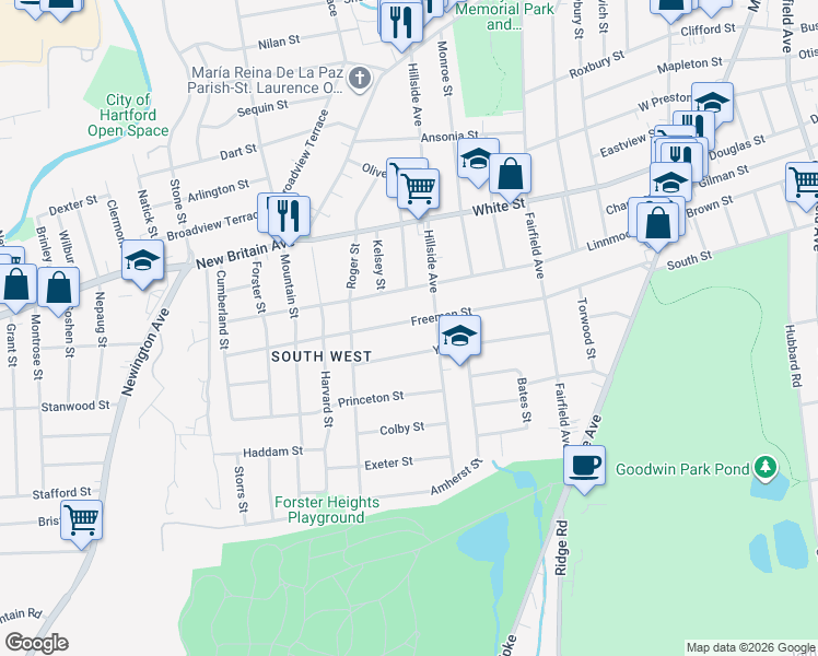 map of restaurants, bars, coffee shops, grocery stores, and more near 217 Freeman Street in Hartford