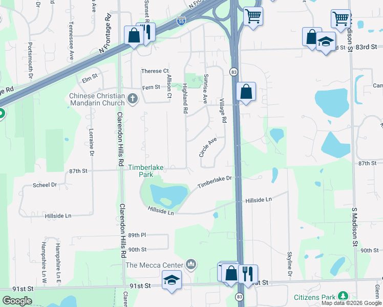 map of restaurants, bars, coffee shops, grocery stores, and more near 413 Highland Road in Burr Ridge