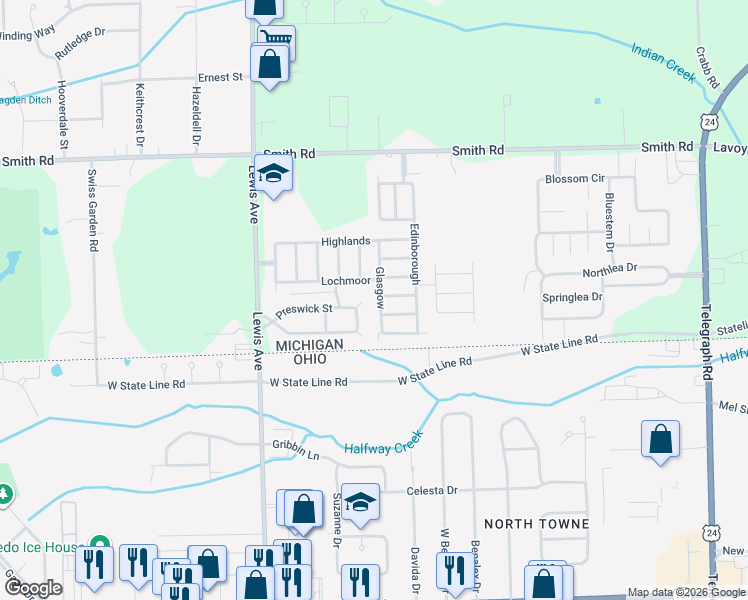 map of restaurants, bars, coffee shops, grocery stores, and more near 408 Midlands in Temperance
