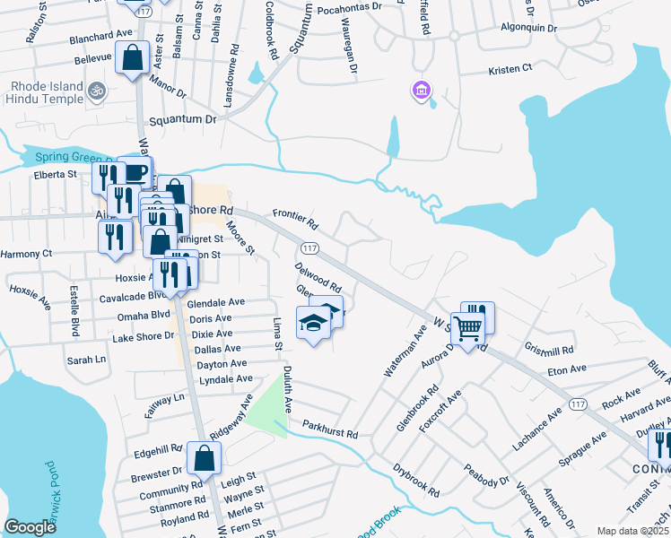 map of restaurants, bars, coffee shops, grocery stores, and more near 243 Rhode Island 117 in Warwick