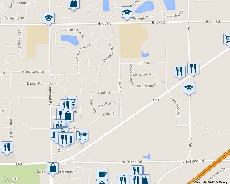 map of restaurants, bars, coffee shops, grocery stores, and more near 15545 Darden Road in Granger