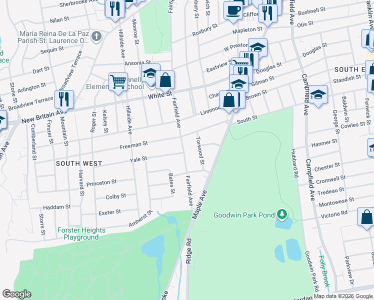 map of restaurants, bars, coffee shops, grocery stores, and more near 330 Fairfield Avenue in Hartford