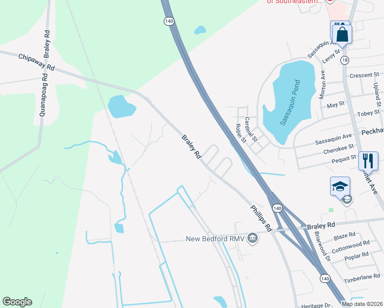 map of restaurants, bars, coffee shops, grocery stores, and more near 1468 Braley Road in New Bedford