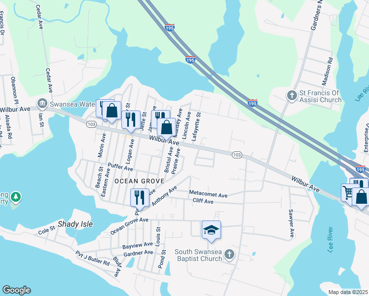 map of restaurants, bars, coffee shops, grocery stores, and more near 328 Wilbur Avenue in Swansea